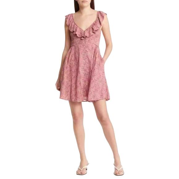 MADEWELL RUFFLE V-NECK FLORAL‎ MINI DRESS IN VINTAGE PINK NWT WOMEN'S SIZE 10 - Picture 1 of 16